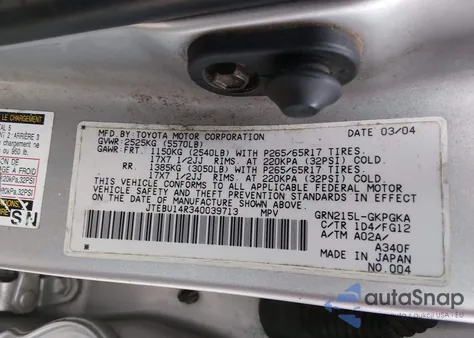 2004 Toyota 4Runner Sr5 V6 z USA, uszkodzony, nr VIN JTEBU14R340039713